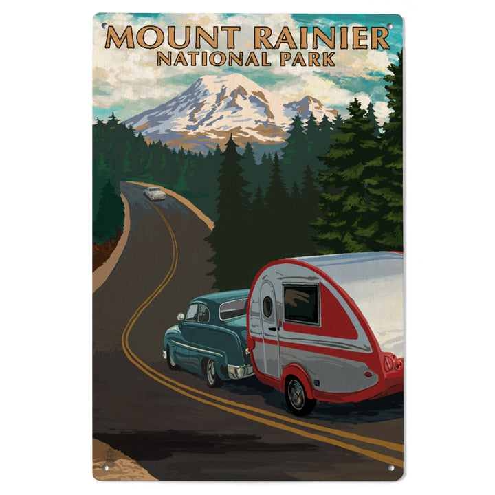 Mount Rainier National Park, Washington, Retro Camper on Road, Lantern Press Artwork, Wood Signs and Postcards Wood Lantern Press 