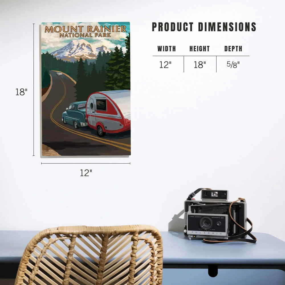 Mount Rainier National Park, Washington, Retro Camper on Road, Lantern Press Artwork, Wood Signs and Postcards Wood Lantern Press 