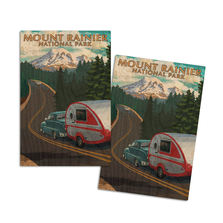 Mount Rainier National Park, Washington, Retro Camper on Road, Lantern Press Artwork, Wood Signs and Postcards Wood Lantern Press 4x6 Wood Postcard Set 