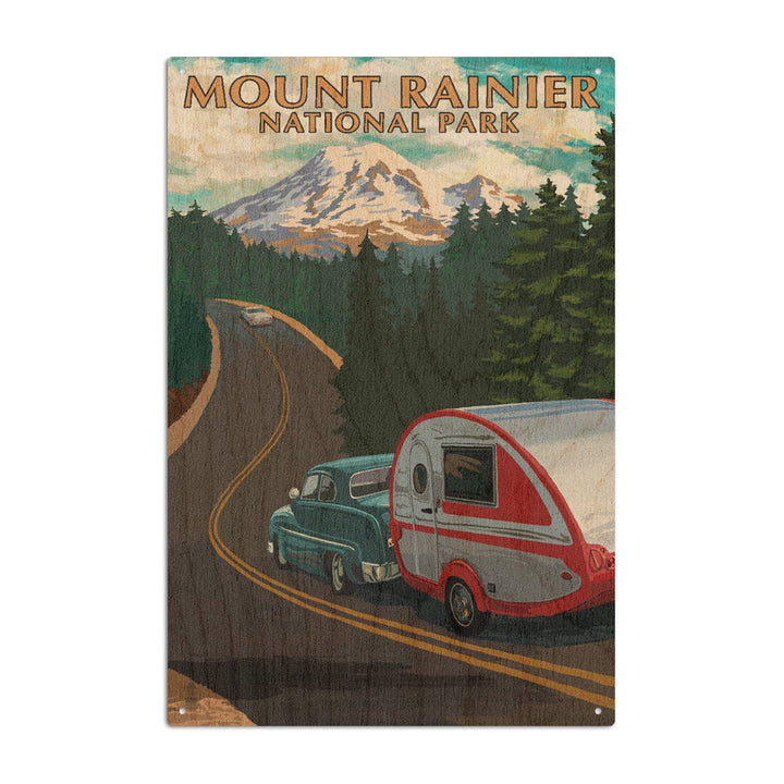 Mount Rainier National Park, Washington, Retro Camper on Road, Lantern Press Artwork, Wood Signs and Postcards Wood Lantern Press 6x9 Wood Sign 