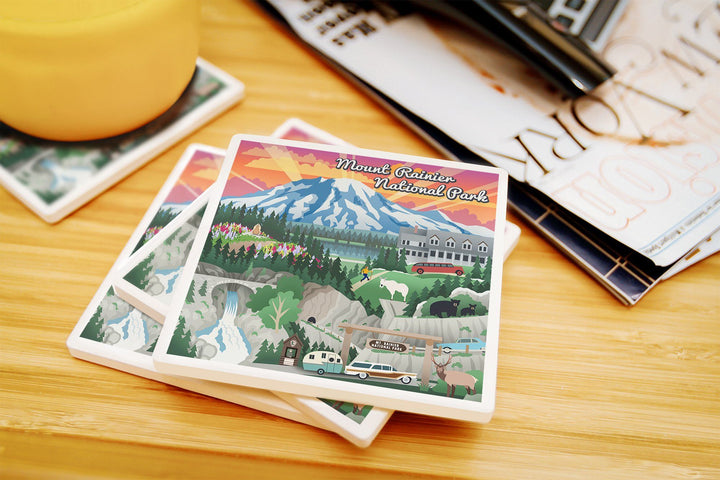 Mount Rainier National Park, Washington, Retro View, Lantern Press Artwork, Coaster Set Coasters Lantern Press 