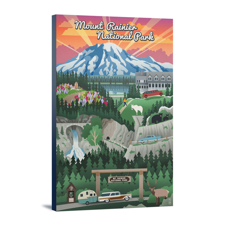 Mount Rainier National Park, Washington, Retro View, Lantern Press Artwork, Stretched Canvas Canvas Lantern Press 16x24 Stretched Canvas 