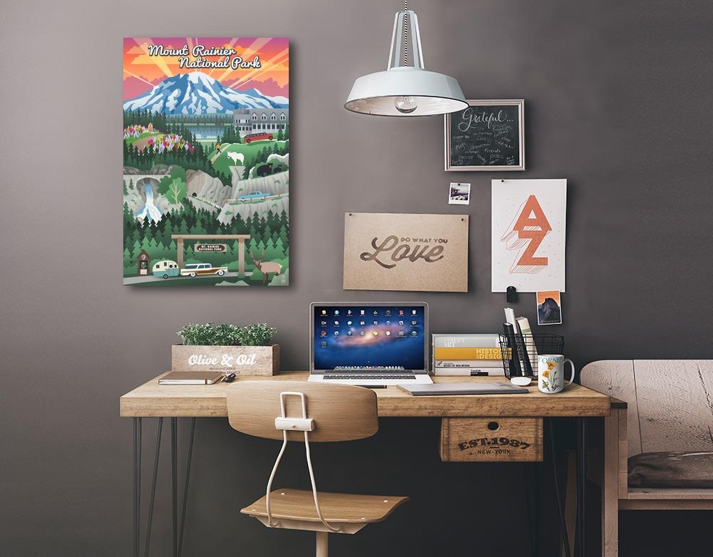Mount Rainier National Park, Washington, Retro View, Lantern Press Artwork, Stretched Canvas Canvas Lantern Press 