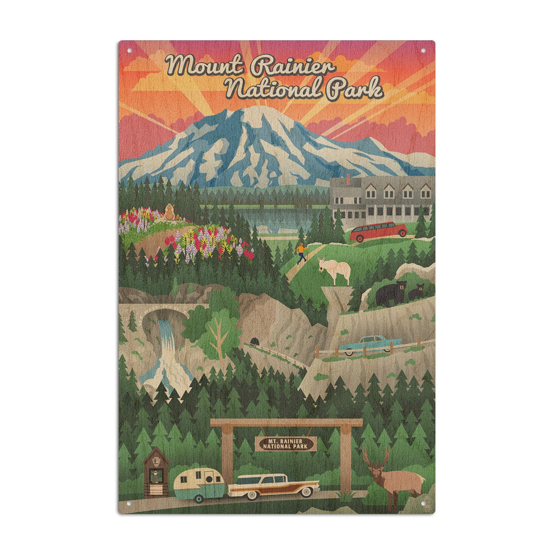 Mount Rainier National Park, Washington, Retro View, Lantern Press Artwork, Wood Signs and Postcards Wood Lantern Press 10 x 15 Wood Sign 