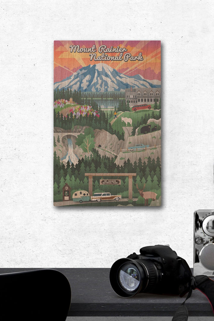 Mount Rainier National Park, Washington, Retro View, Lantern Press Artwork, Wood Signs and Postcards Wood Lantern Press 12 x 18 Wood Gallery Print 