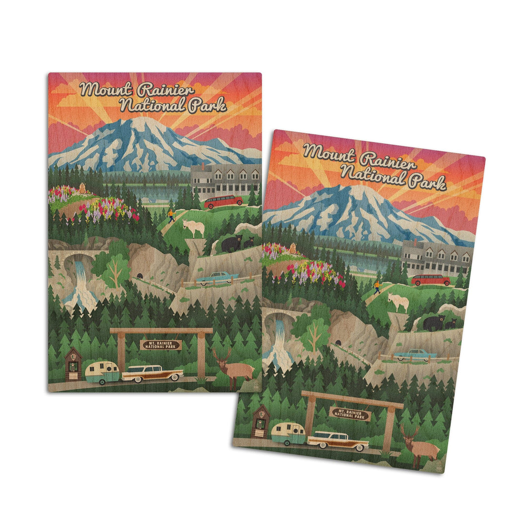 Mount Rainier National Park, Washington, Retro View, Lantern Press Artwork, Wood Signs and Postcards Wood Lantern Press 4x6 Wood Postcard Set 