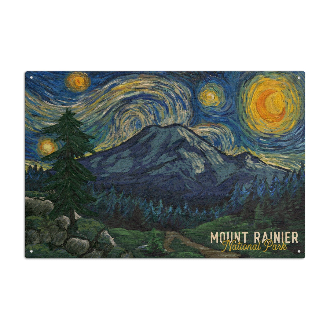 Mount Rainier National Park, Washington, Starry Night National Park Series, Lantern Press Artwork, Wood Signs and Postcards Wood Lantern Press 10 x 15 Wood Sign 