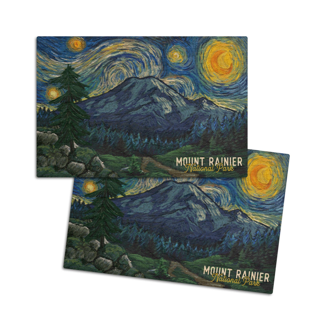 Mount Rainier National Park, Washington, Starry Night National Park Series, Lantern Press Artwork, Wood Signs and Postcards Wood Lantern Press 4x6 Wood Postcard Set 