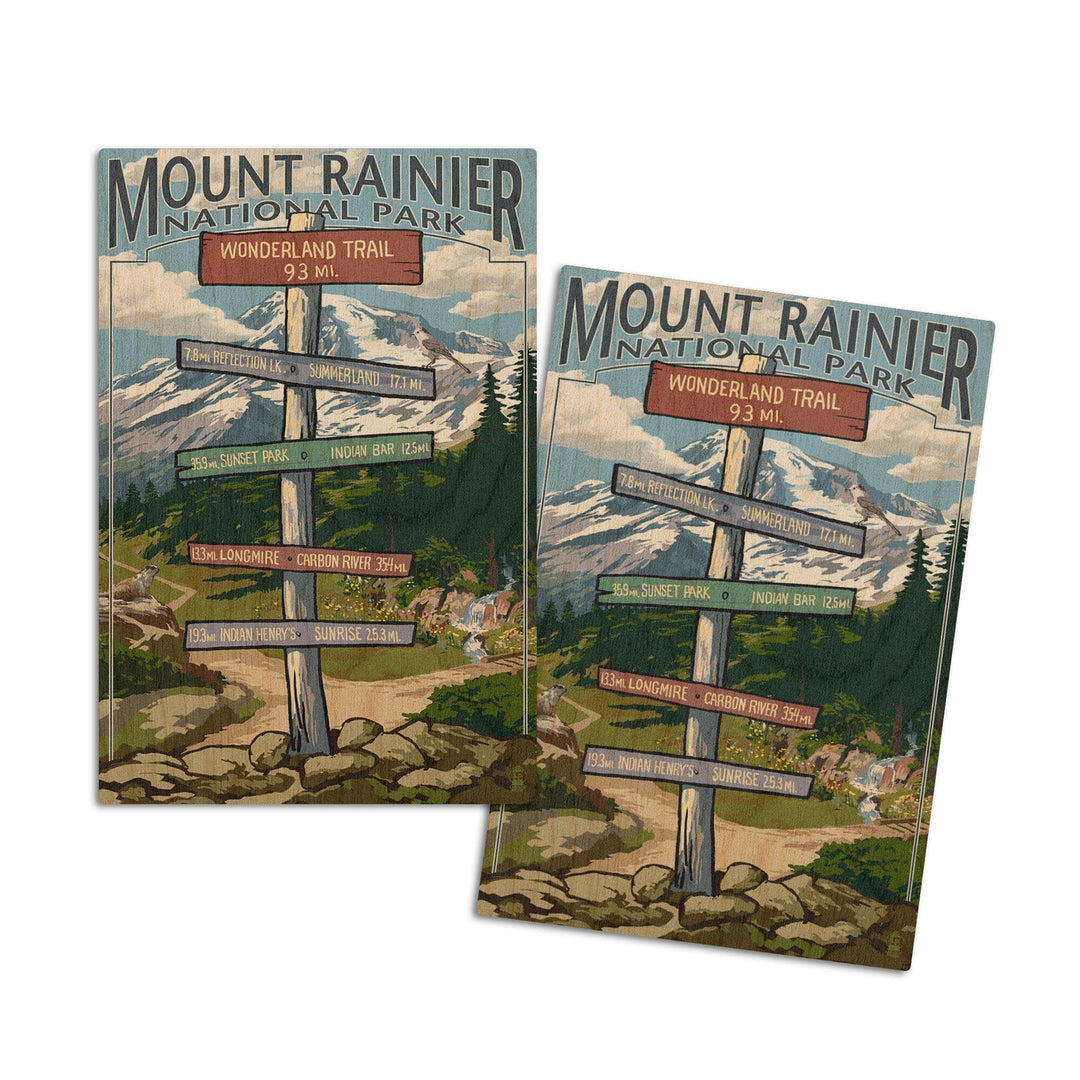 Mount Rainier National Park, Washington, Wonderland Trail Destination Sign, Lantern Press, Wood Signs and Postcards Wood Lantern Press 4x6 Wood Postcard Set 