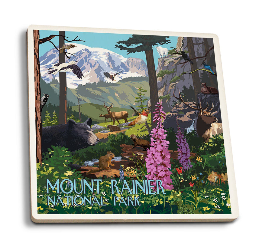 Mount Rainier National Park, Wildlife Utopia, Lantern Press Poster, Coaster Set Coasters Lantern Press 