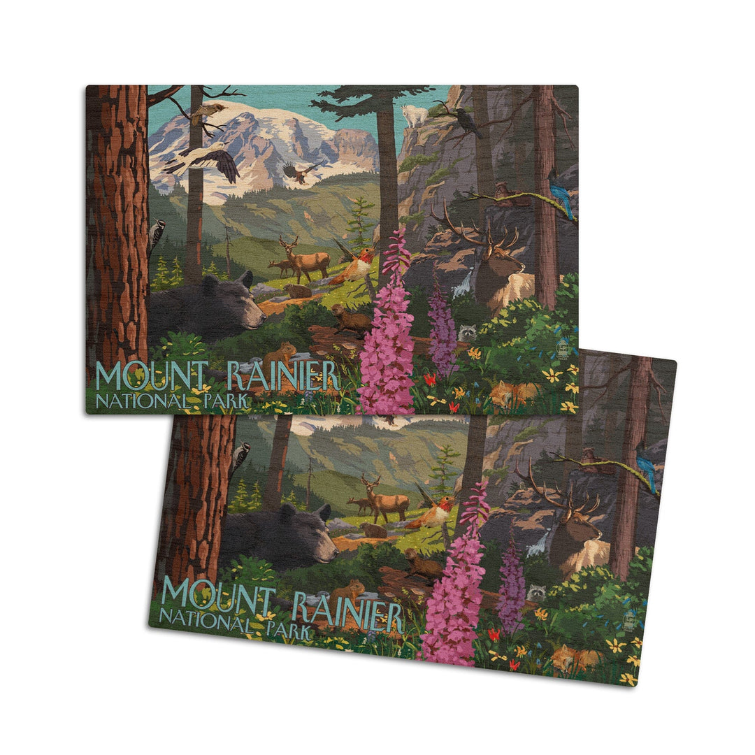 Mount Rainier National Park, Wildlife Utopia, Lantern Press Poster, Wood Signs and Postcards Wood Lantern Press 4x6 Wood Postcard Set 