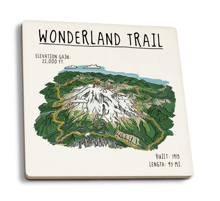 Mount Rainier, Wonderland Trail, Line Drawing, Lantern Press Artwork, Coaster Set Coasters Lantern Press 