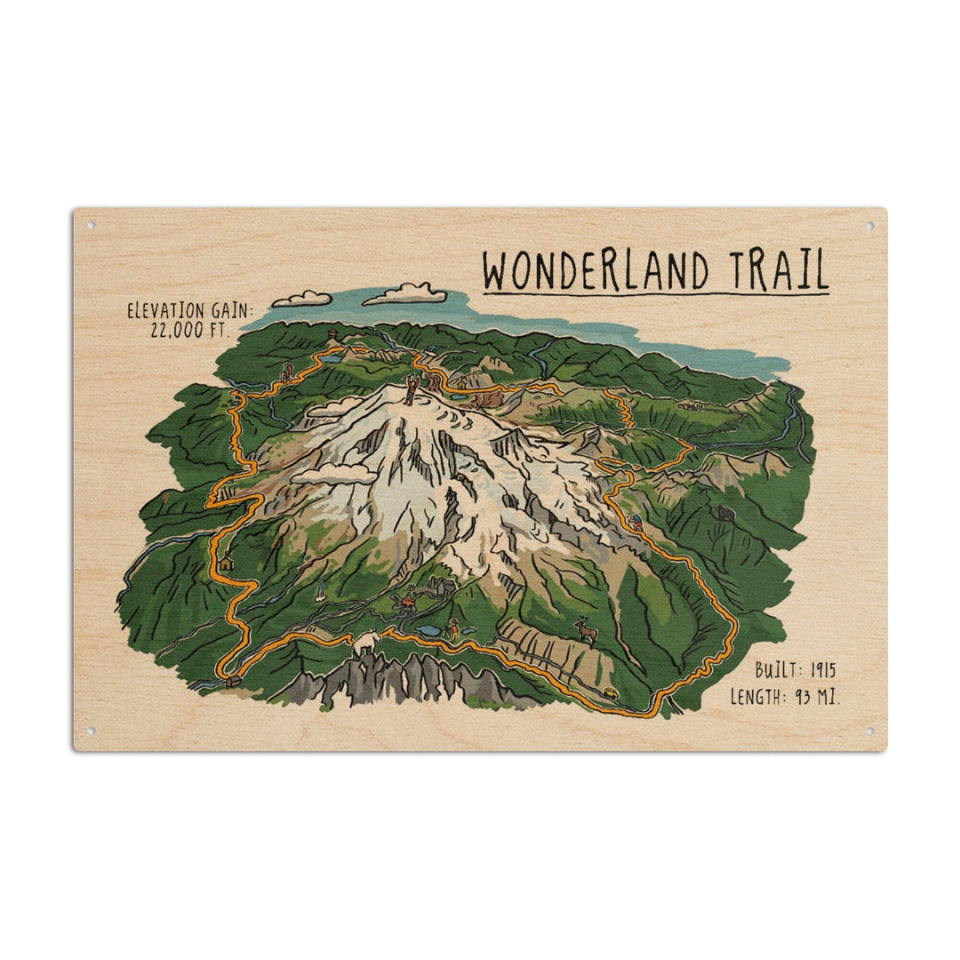 Mount Rainier, Wonderland Trail, Line Drawing, Lantern Press Artwork, Wood Signs and Postcards Wood Lantern Press 10 x 15 Wood Sign 