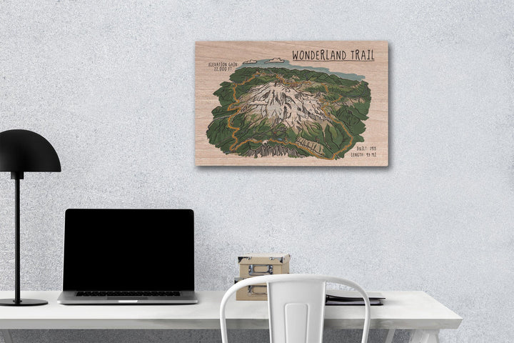 Mount Rainier, Wonderland Trail, Line Drawing, Lantern Press Artwork, Wood Signs and Postcards Wood Lantern Press 12 x 18 Wood Gallery Print 