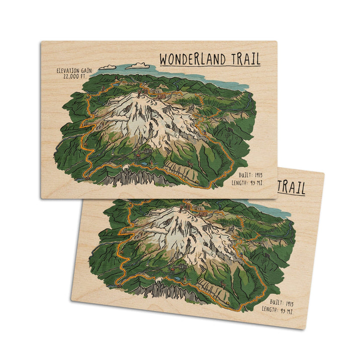 Mount Rainier, Wonderland Trail, Line Drawing, Lantern Press Artwork, Wood Signs and Postcards Wood Lantern Press 4x6 Wood Postcard Set 