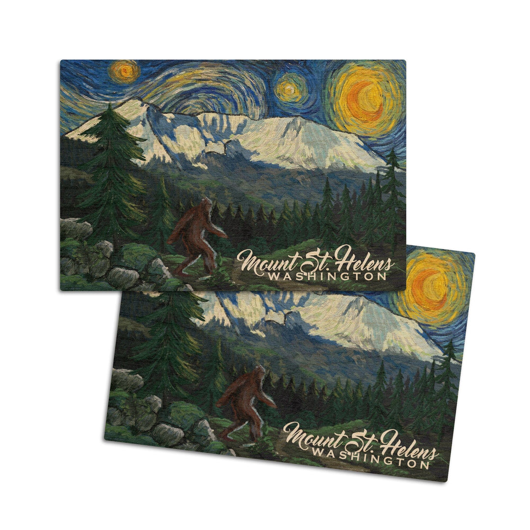 Mount St Helens, Washington, Bigfoot, Starry Night, Lantern Press Artwork, Wood Signs and Postcards Wood Lantern Press 4x6 Wood Postcard Set 