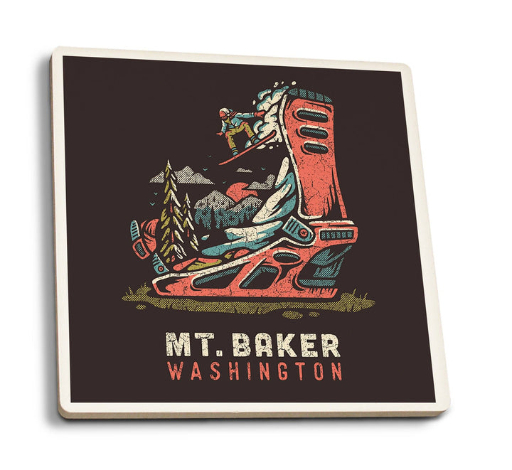 Mt. Baker, Washington, Snowboard Binding, Distressed Vector, Lantern Press Artwork, Coaster Set Coasters Lantern Press 