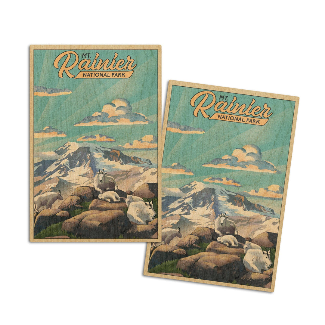 Mt Rainier National Park, Goats, Lithograph, Lantern Press Artwork, Wood Signs and Postcards Wood Lantern Press 4x6 Wood Postcard Set 
