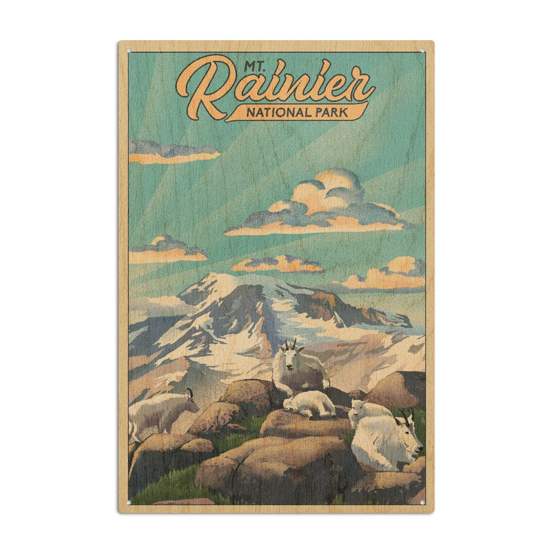 Mt Rainier National Park, Goats, Lithograph, Lantern Press Artwork, Wood Signs and Postcards Wood Lantern Press 6x9 Wood Sign 