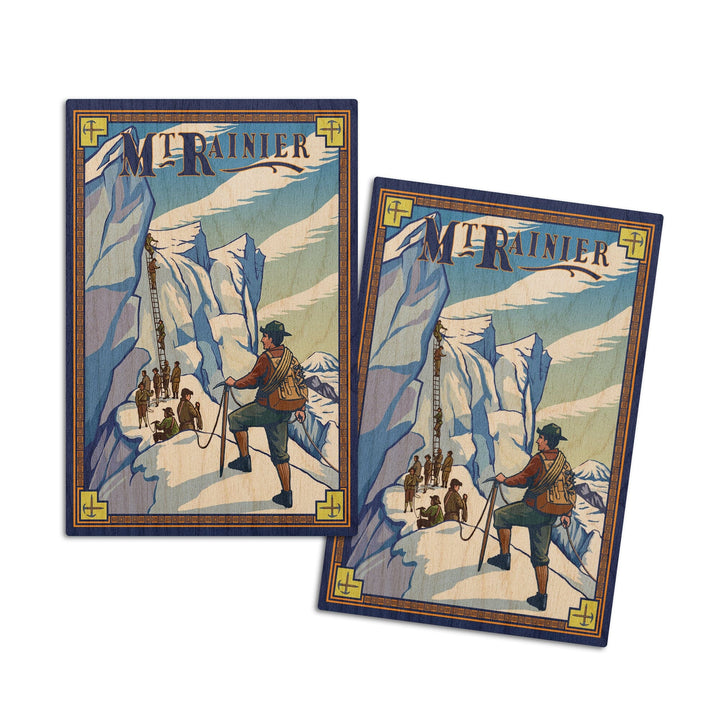 Mt Rainier, Washington, Ice Climbers, Lantern Press Artwork, Wood Signs and Postcards Wood Lantern Press 4x6 Wood Postcard Set 