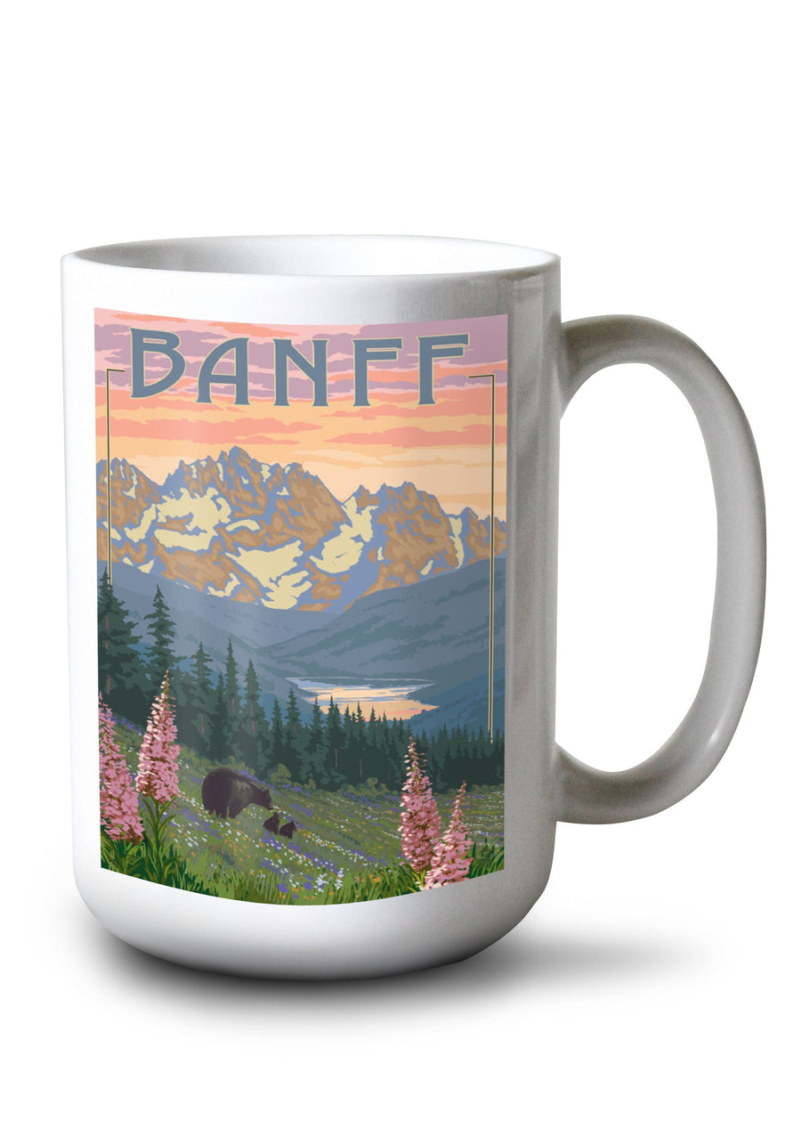 Mug (Banff, Alberta, Canada, Bear and Spring Flowers (with border), Lantern Press Artwork) Lifestyle-Mug Lantern Press 