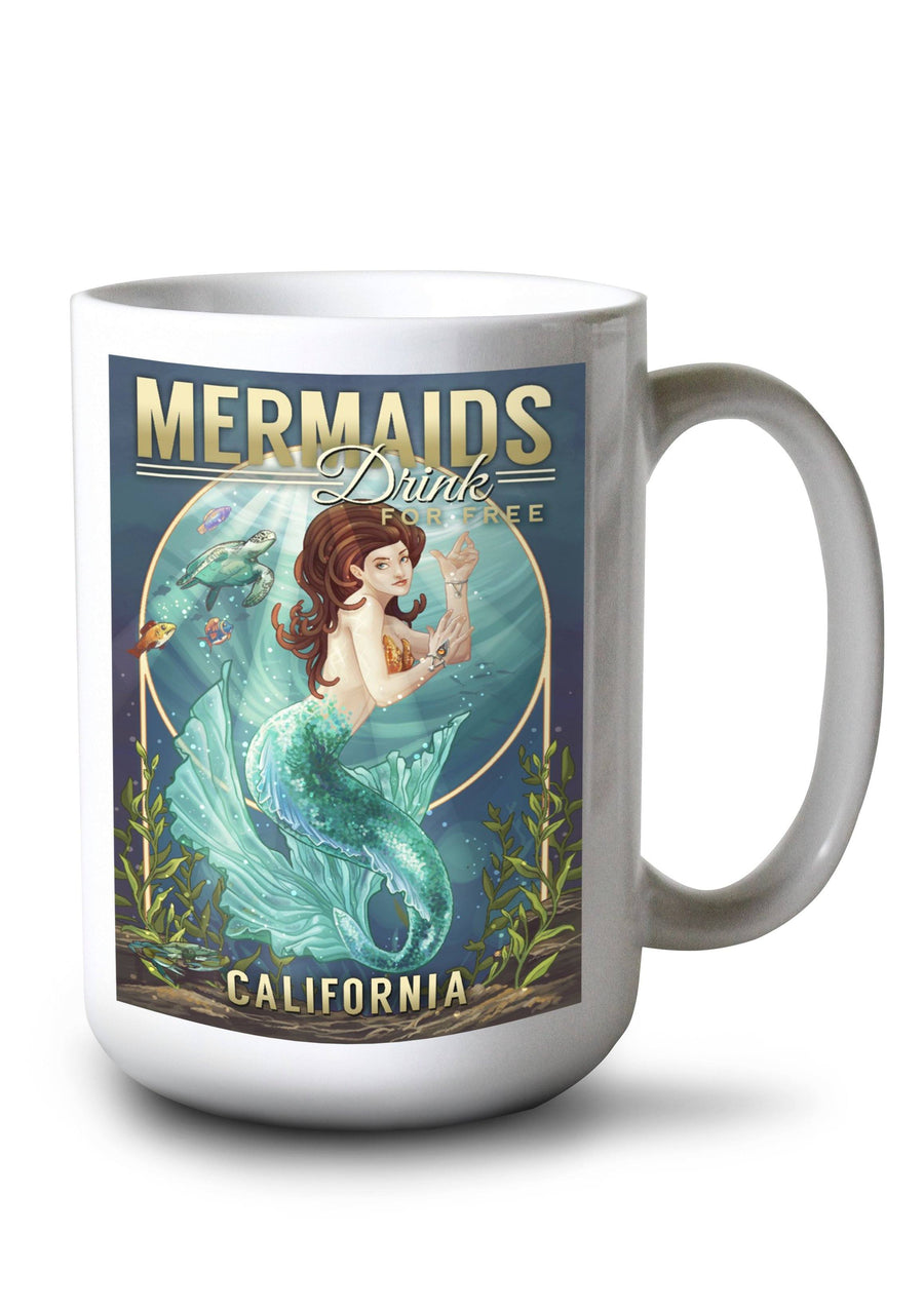 Mug (California, Mermaids Drink for Free (top), Lantern Press Artwork) Lifestyle-Mug Lantern Press 