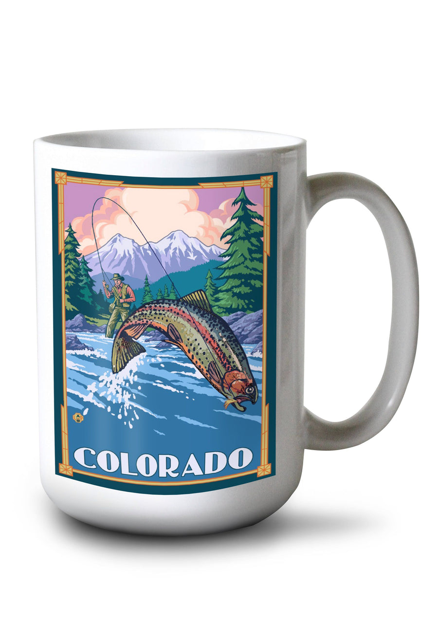 Mug (Colorado, Angler Fly Fishing Scene (Leaping Trout), Lantern Press Artwork) Lifestyle-Mug Lantern Press 