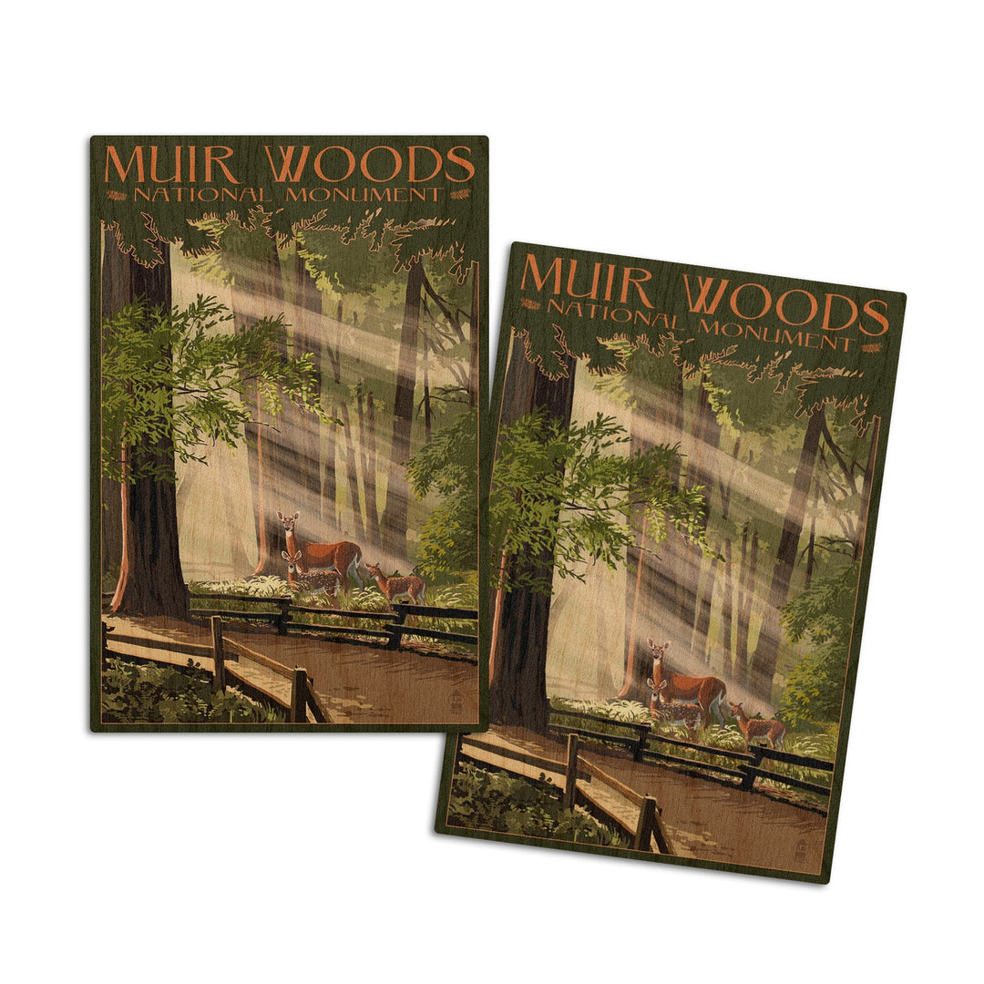Muir Woods National Monument, California, Deer & Fawns, Lantern Press Artwork, Wood Signs and Postcards Wood Lantern Press 4x6 Wood Postcard Set 