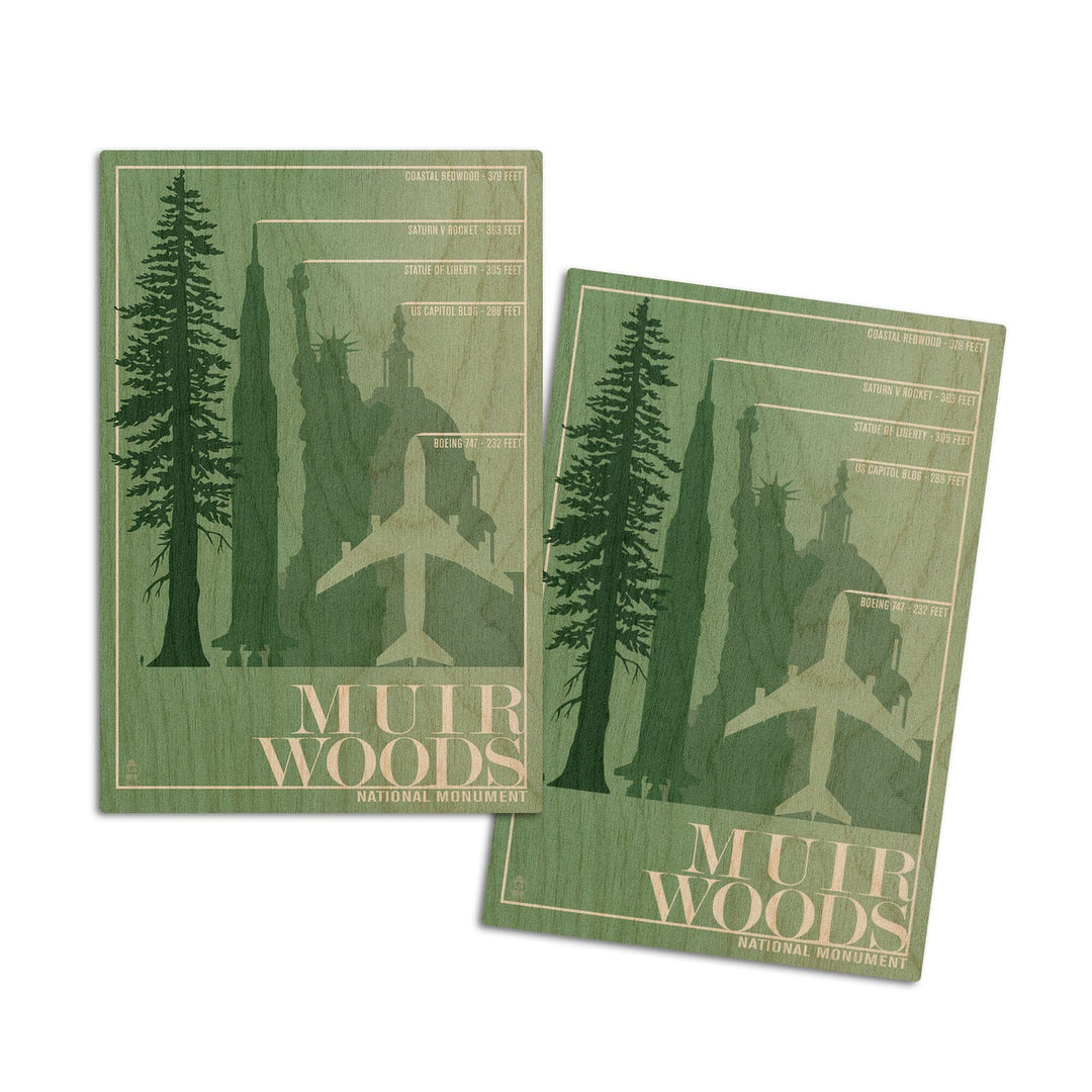 Muir Woods National Monument, California, Relative Sizes of the Redwood Tree, Wood Signs and Postcards Wood Lantern Press 4x6 Wood Postcard Set 