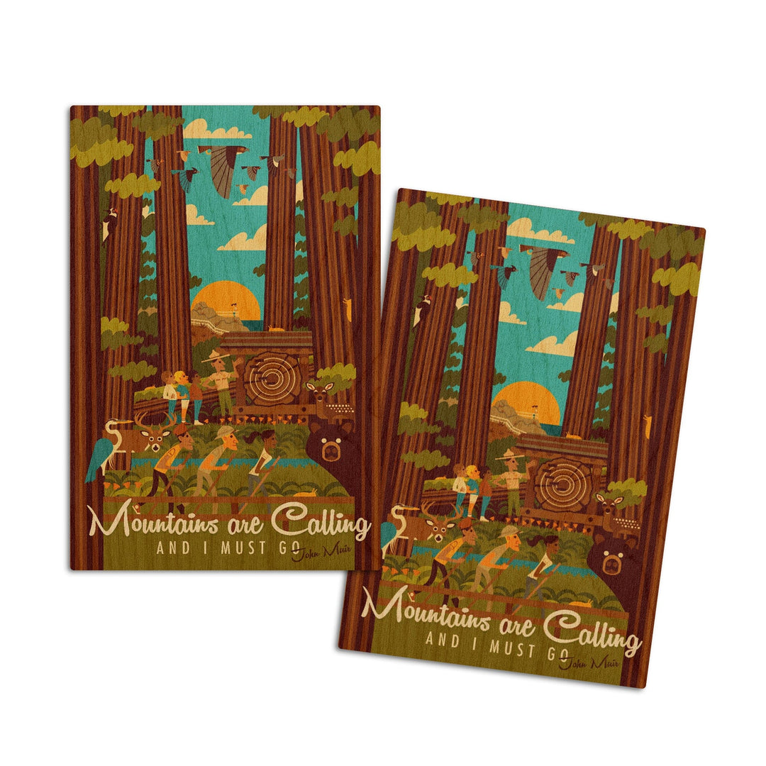 Muir Woods National Monument, California, The Mountains are Calling, Geometric, Lantern Press, Wood Signs and Postcards Wood Lantern Press 4x6 Wood Postcard Set 