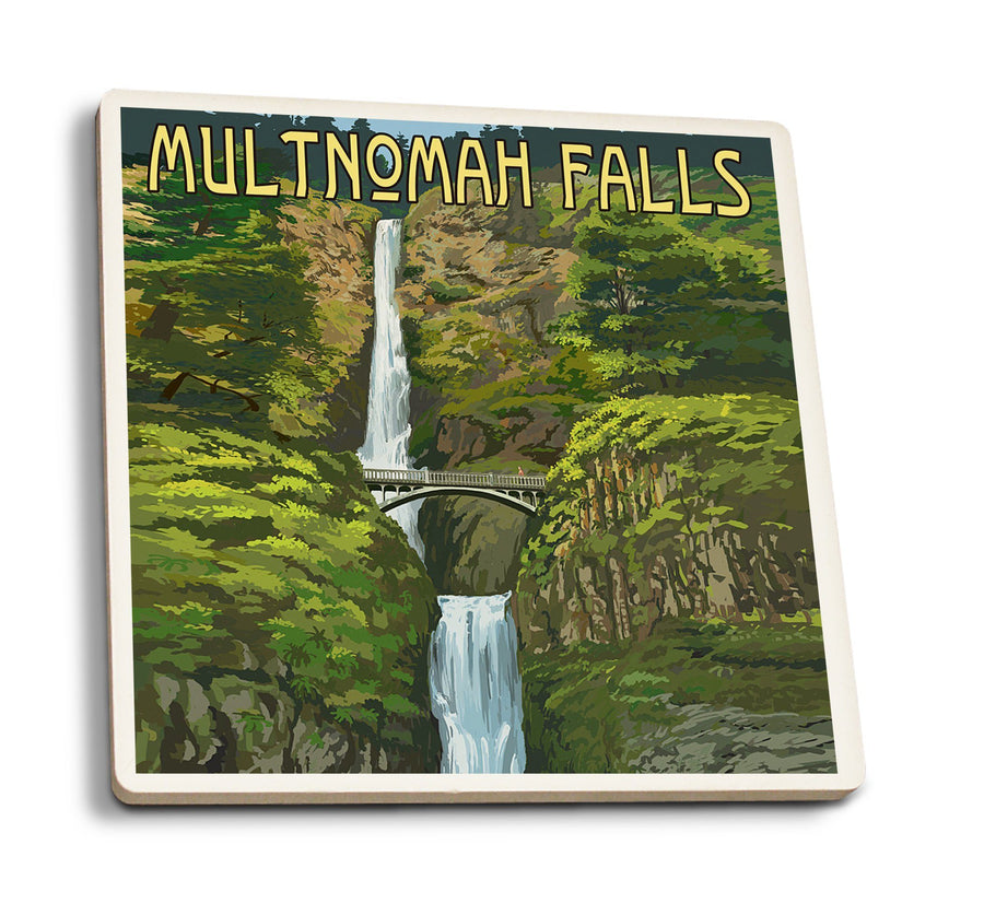 Multnomah Falls, Oregon, Summer View, Lantern Press Artwork, Coaster Set Coasters Lantern Press 
