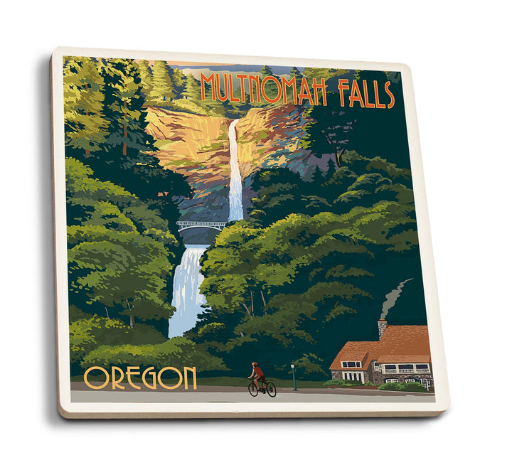 Multnomah Falls, Oregon, Sunset, Lantern Press Artwork, Coaster Set Coasters Lantern Press 