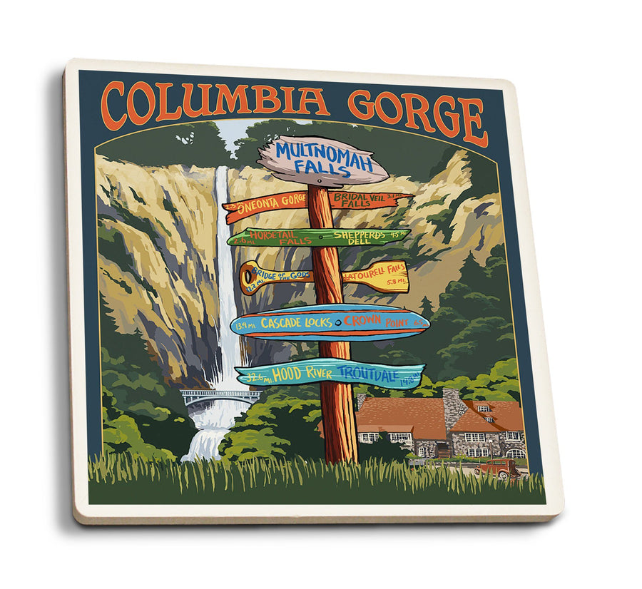 Multnomah Falls Signpost, Columbia Gorge, Oregon, Lantern Press Poster, Coaster Set Coasters Lantern Press 