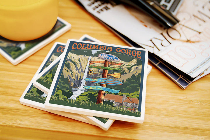 Multnomah Falls Signpost, Columbia Gorge, Oregon, Lantern Press Poster, Coaster Set Coasters Lantern Press 