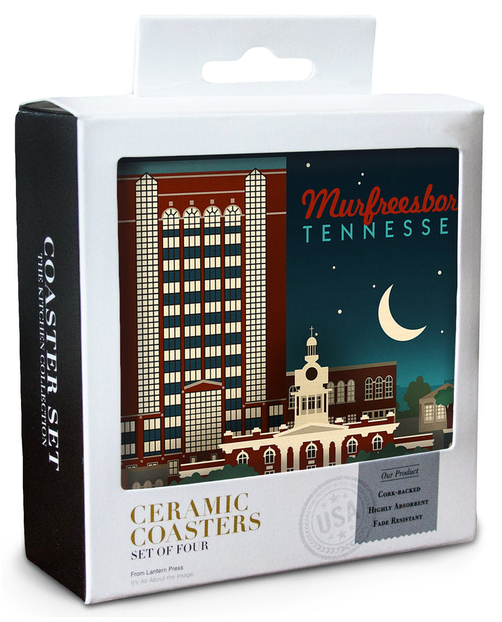 Murfreesboro, Tennessee, Retro Style Skyline, Lantern Press Artwork, Coaster Set Coasters Lantern Press 