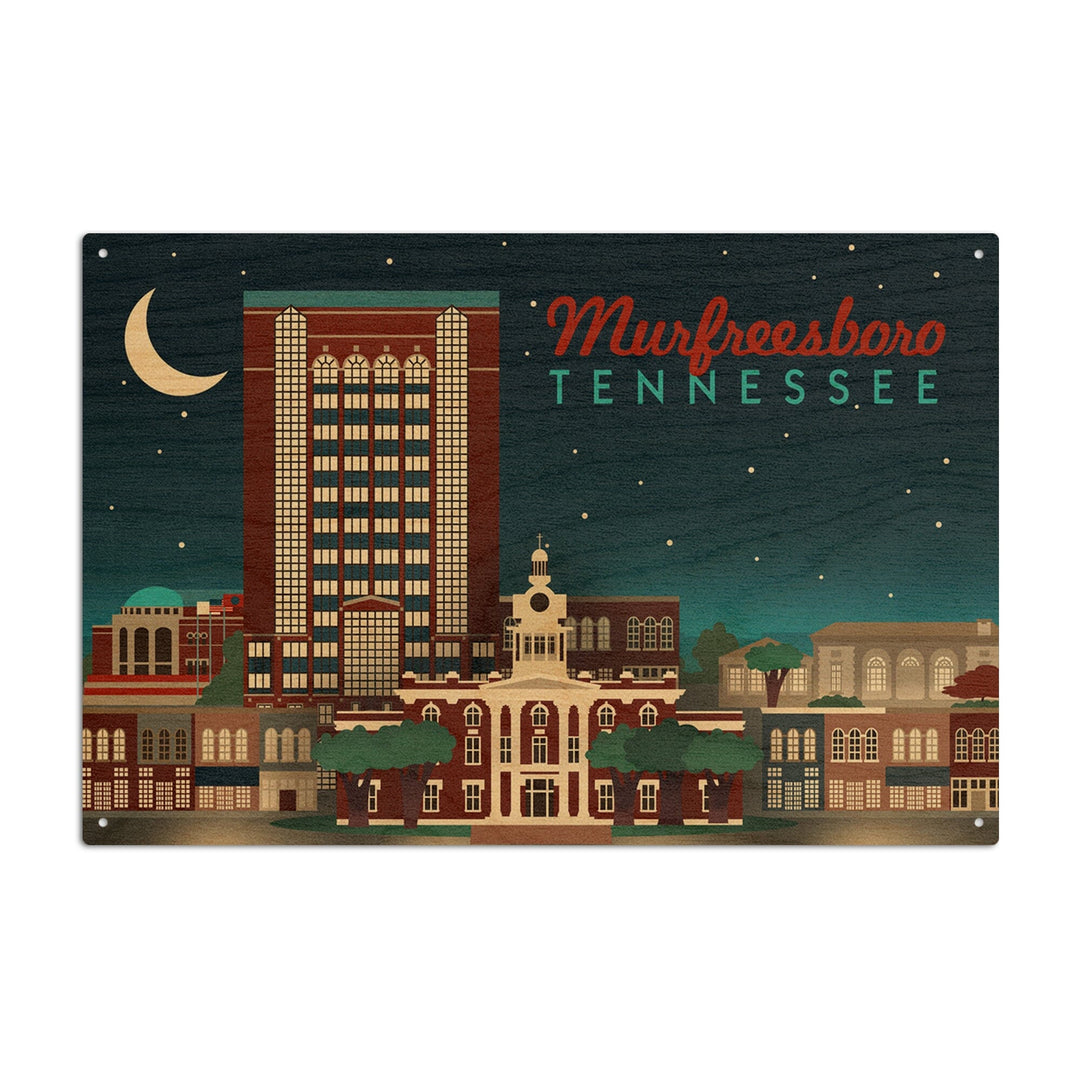 Murfreesboro, Tennessee, Retro Style Skyline, Lantern Press Artwork, Wood Signs and Postcards Wood Lantern Press 10 x 15 Wood Sign 