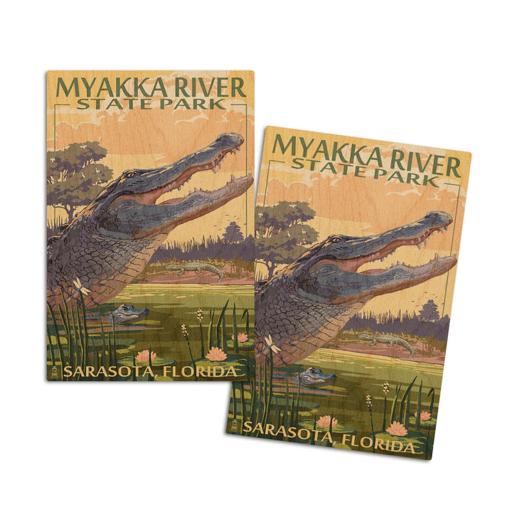 Myakka River State Park Sarasota, Florida, Alligator Scene, Lantern Press Poster, Wood Signs and Postcards Wood Lantern Press 4x6 Wood Postcard Set 