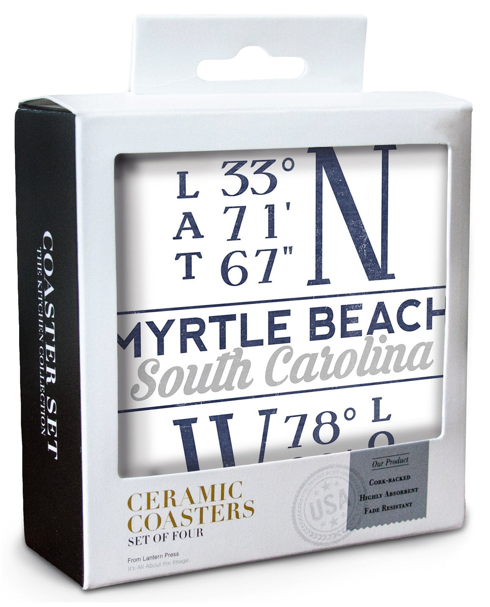 Myrtle Beach, South Carolina, Latitude & Longitude (Blue), Lantern Press Artwork, Coaster Set Coasters Lantern Press 