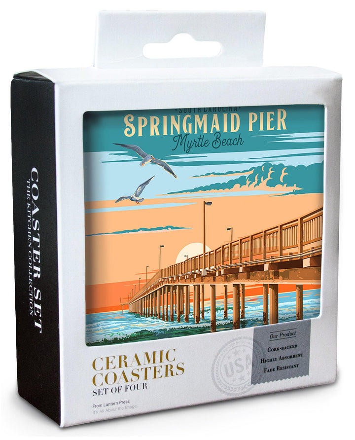Myrtle Beach, South Carolina, Painterly, Springmaid Pier, Coaster Set Coasters Lantern Press 