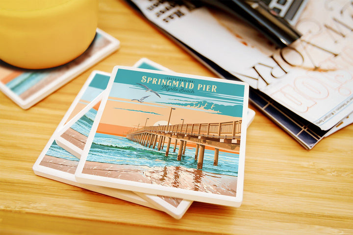 Myrtle Beach, South Carolina, Painterly, Springmaid Pier, Coaster Set Coasters Lantern Press 