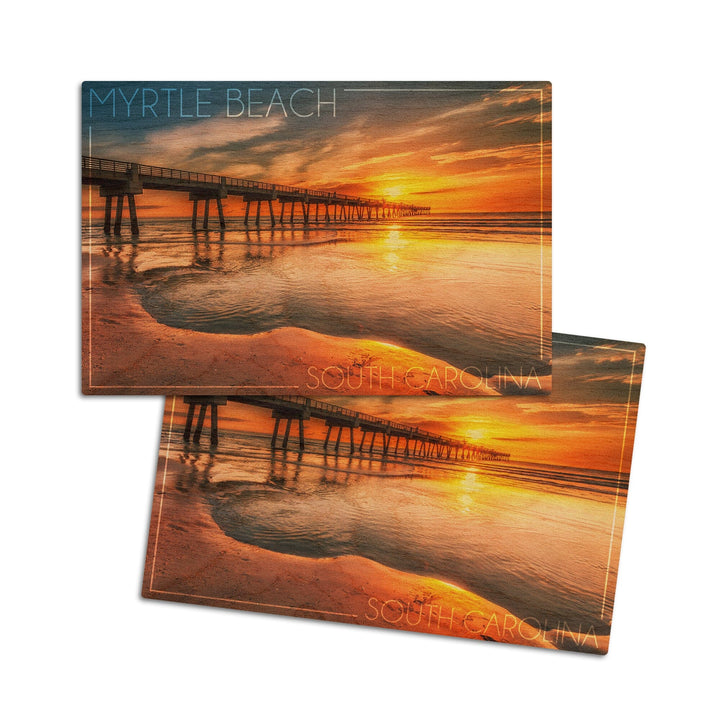 Myrtle Beach, South Carolina, Pier & Sunset, Lantern Press Photography, Wood Signs and Postcards Wood Lantern Press 4x6 Wood Postcard Set 