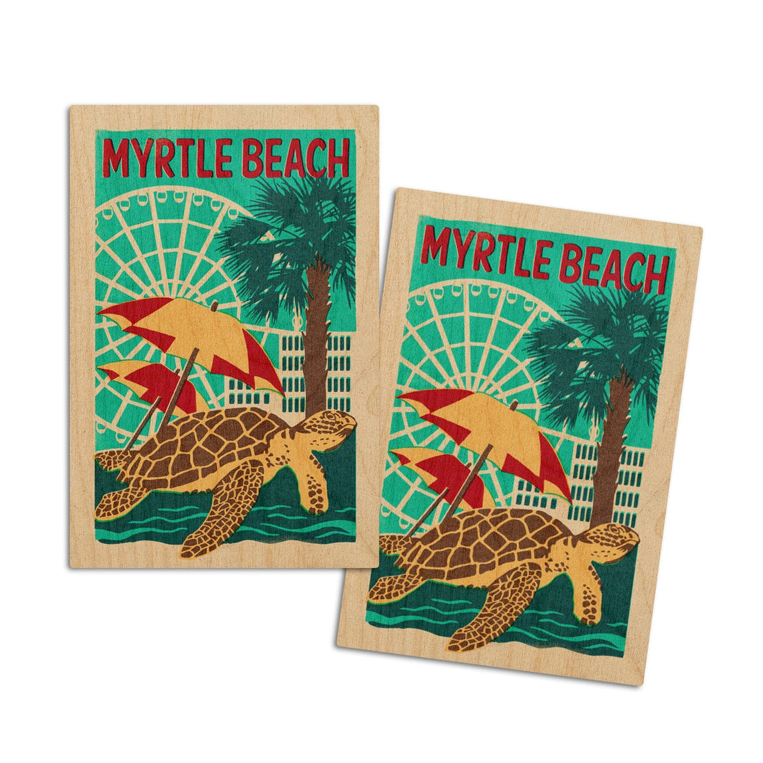Myrtle Beach, South Carolina, Woodblock, Lantern Press Artwork, Wood Signs and Postcards Wood Lantern Press 4x6 Wood Postcard Set 