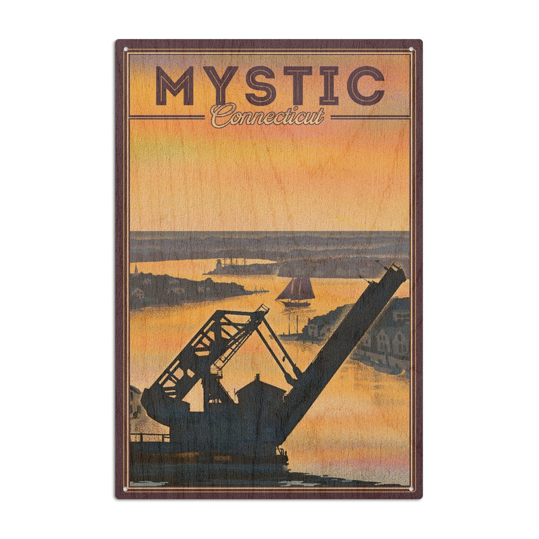Mystic, Connecticut, River, Lithograph, Lantern Press Artwork, Wood Signs and Postcards Wood Lantern Press 10 x 15 Wood Sign 