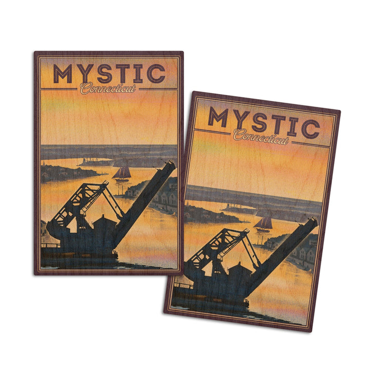 Mystic, Connecticut, River, Lithograph, Lantern Press Artwork, Wood Signs and Postcards Wood Lantern Press 4x6 Wood Postcard Set 