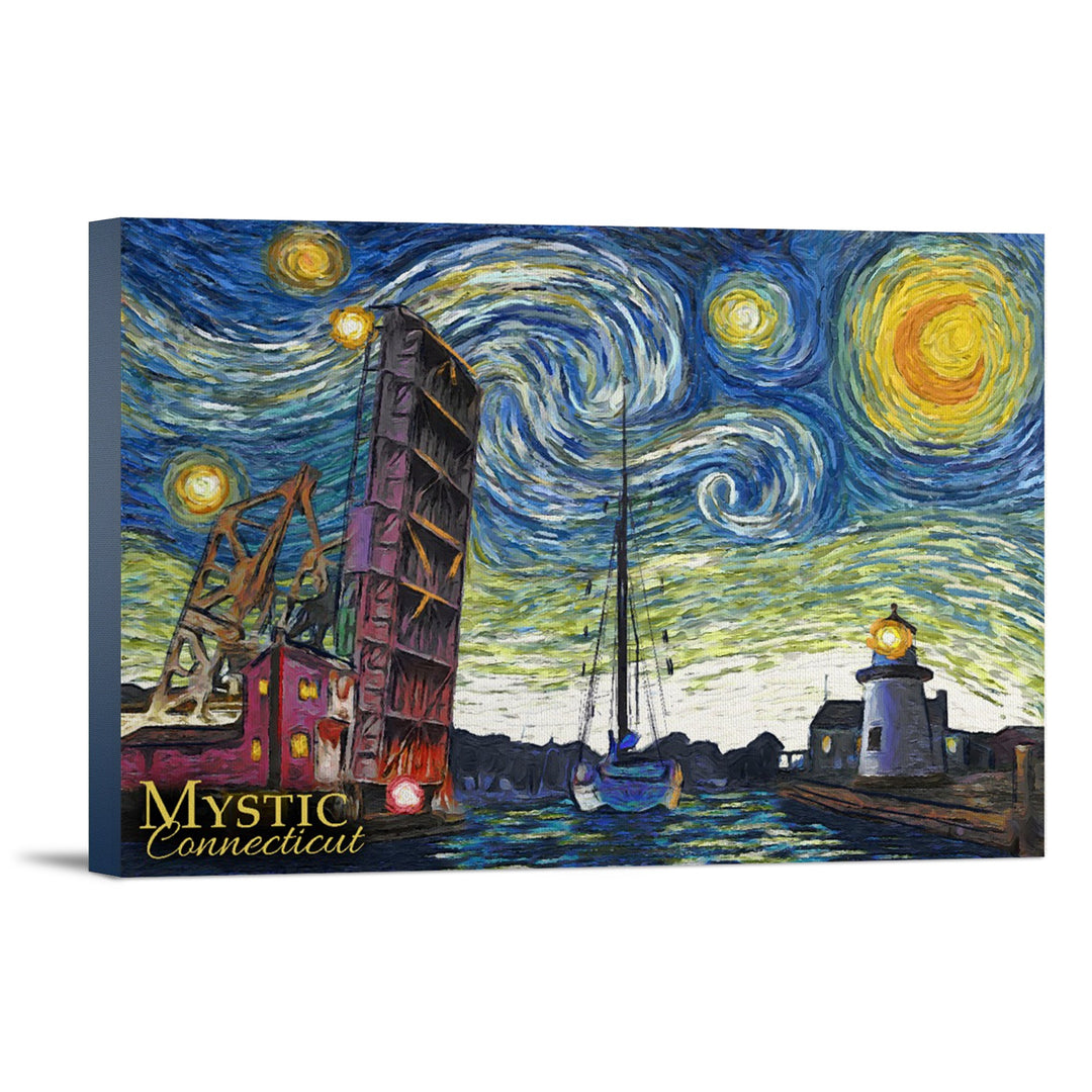 Mystic, Connecticut, Starry Night, Lantern Press Artwork, Stretched Canvas Canvas Lantern Press 12x18 Stretched Canvas 