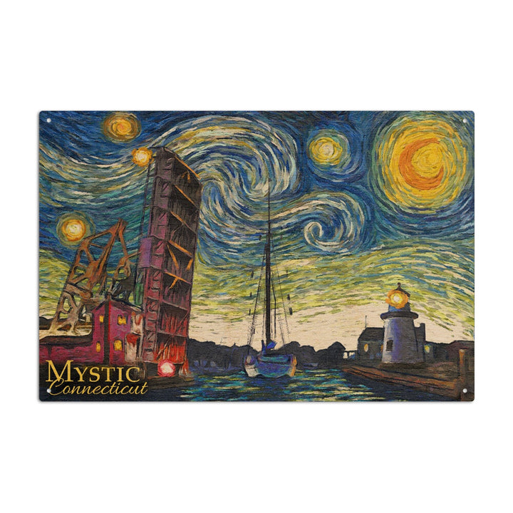 Mystic, Connecticut, Starry Night, Lantern Press Artwork, Wood Signs and Postcards Wood Lantern Press 10 x 15 Wood Sign 