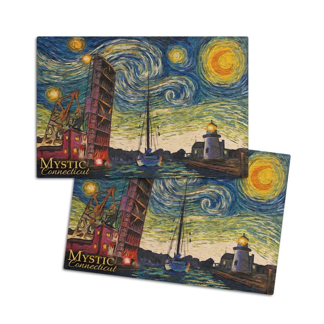 Mystic, Connecticut, Starry Night, Lantern Press Artwork, Wood Signs and Postcards Wood Lantern Press 4x6 Wood Postcard Set 