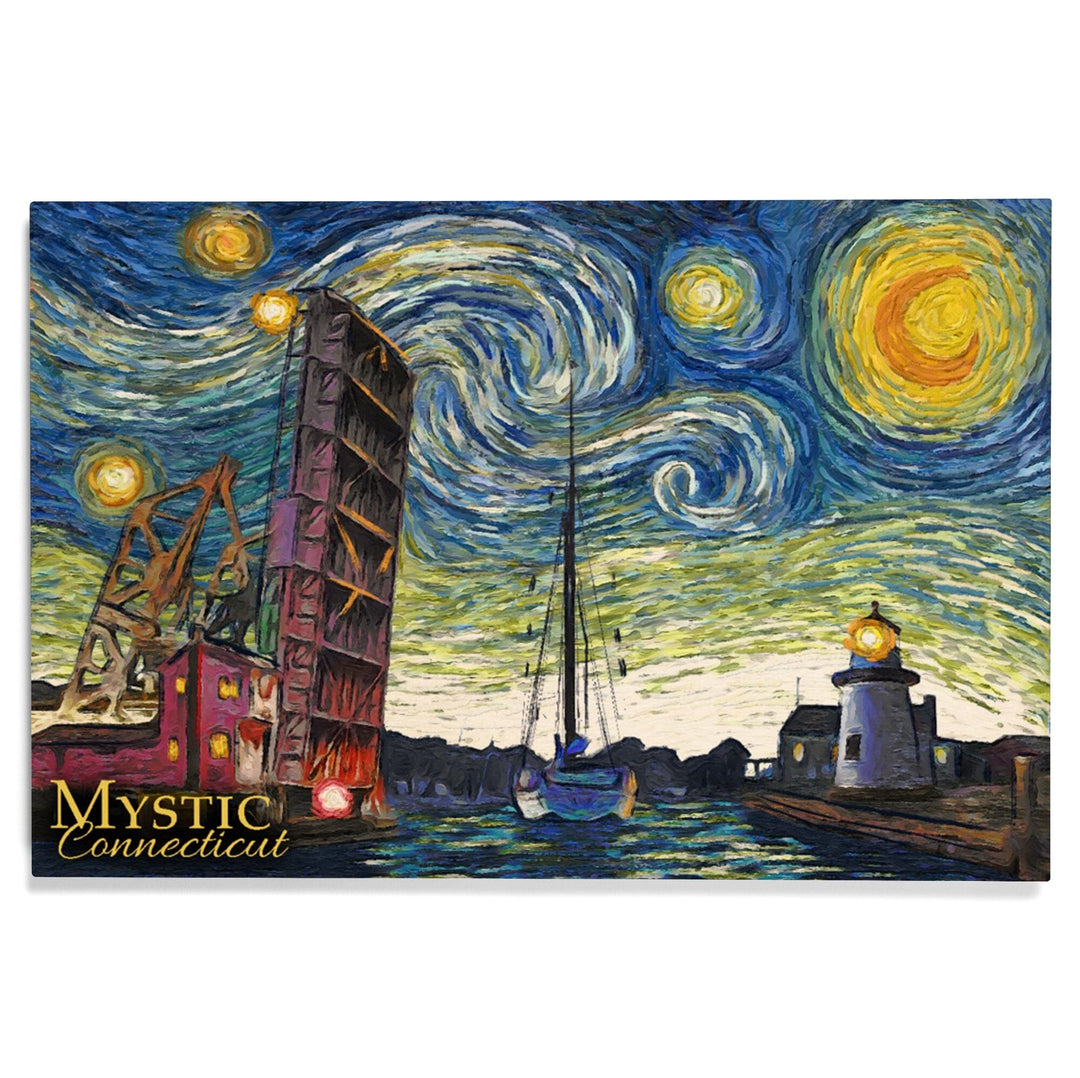 Mystic, Connecticut, Starry Night, Lantern Press Artwork, Wood Signs and Postcards Wood Lantern Press 