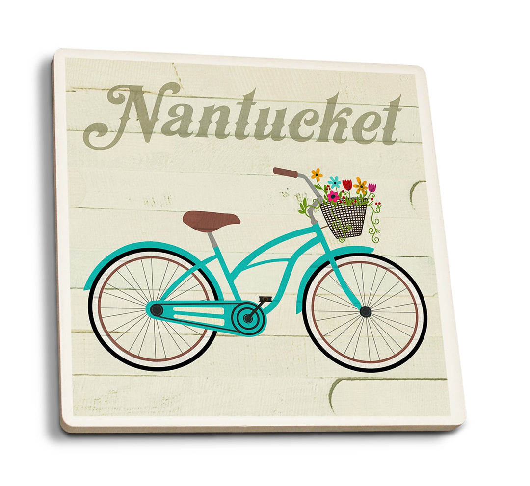 Nantucket, Massachusetts, Beach Cruiser & Basket, Lantern Press Artwork, Coaster Set Coasters Lantern Press 