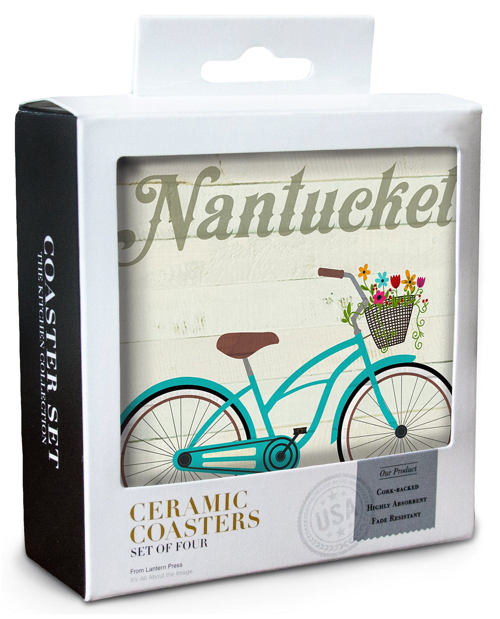 Nantucket, Massachusetts, Beach Cruiser & Basket, Lantern Press Artwork, Coaster Set Coasters Lantern Press 